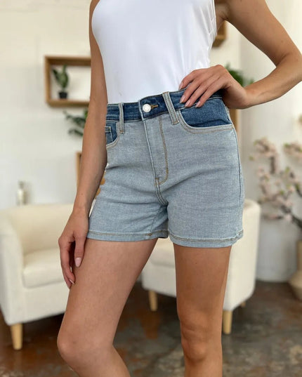 Judy Blue Full Size Color Block Denim Shorts - THE AMERICAN BLUE