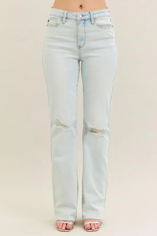 Judy Blue Full Size Destroy & Fray Hem Bootcut Jeans Plus Size - THE AMERICAN BLUE