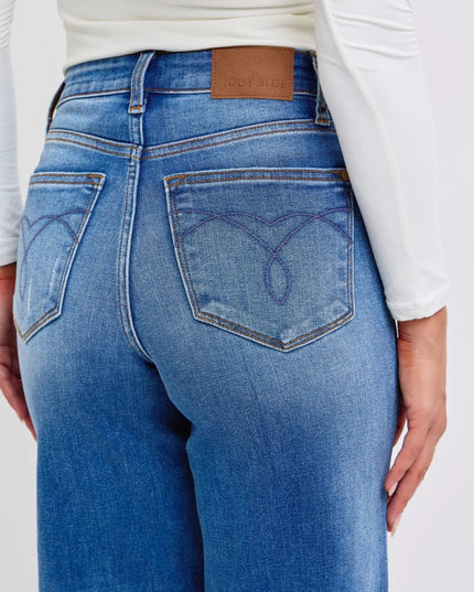 Judy Blue Full Size Distressed High Waist Wide Leg Jeans - THE AMERICAN BLUE