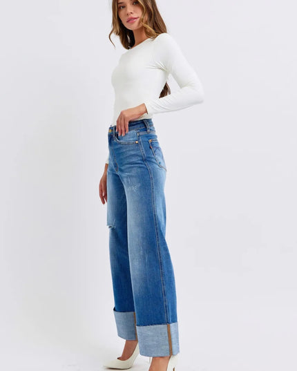Judy Blue Full Size Distressed High Waist Wide Leg Jeans - THE AMERICAN BLUE
