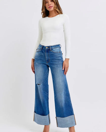 Judy Blue Full Size Distressed High Waist Wide Leg Jeans - THE AMERICAN BLUE