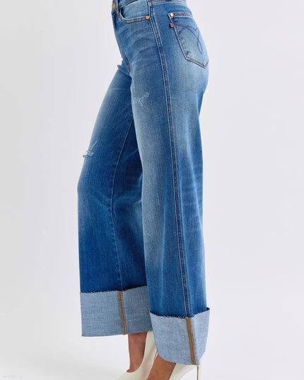Judy Blue Full Size Distressed High Waist Wide Leg Jeans - THE AMERICAN BLUE