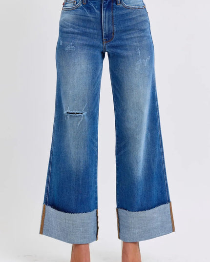 Judy Blue Full Size Distressed High Waist Wide Leg Jeans - THE AMERICAN BLUE