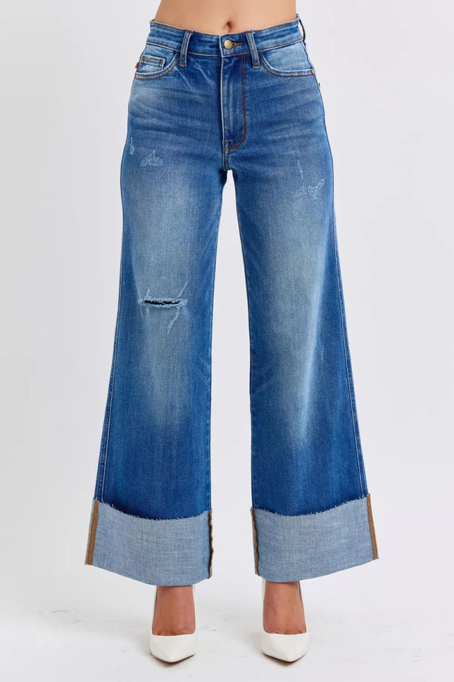 Judy Blue Full Size Distressed High Waist Wide Leg Jeans - THE AMERICAN BLUE