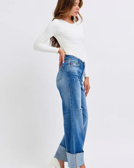 Judy Blue Full Size Distressed High Waist Wide Leg Jeans - THE AMERICAN BLUE