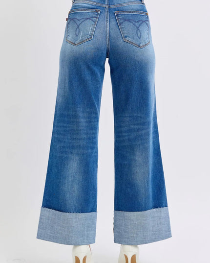 Judy Blue Full Size Distressed High Waist Wide Leg Jeans - THE AMERICAN BLUE
