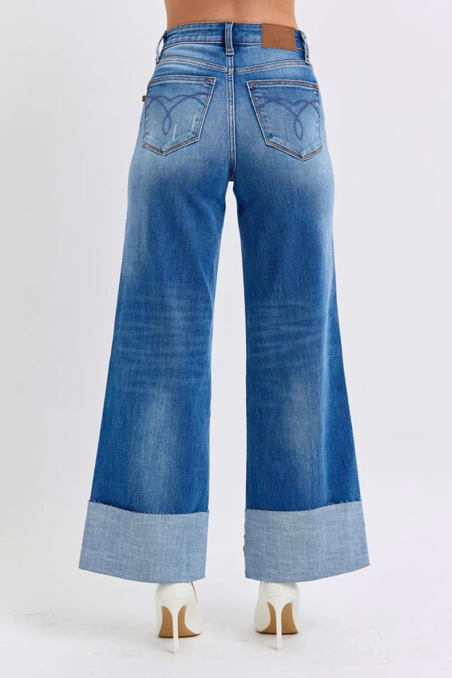 Judy Blue Full Size Distressed High Waist Wide Leg Jeans - THE AMERICAN BLUE