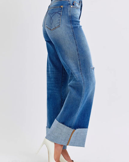 Judy Blue Full Size Distressed High Waist Wide Leg Jeans - THE AMERICAN BLUE