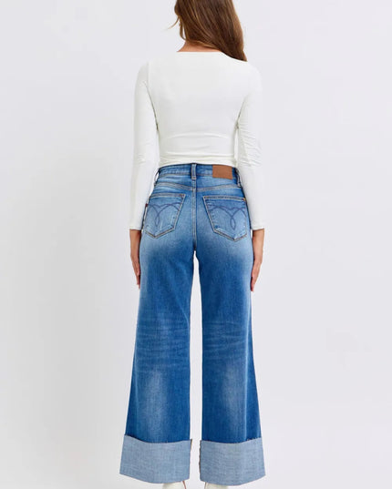 Judy Blue Full Size Distressed High Waist Wide Leg Jeans - THE AMERICAN BLUE