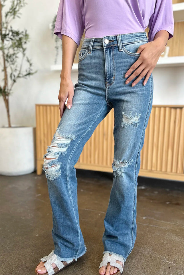Judy Blue Full Size Distressed Raw Hem Bootcut Jeans - THE AMERICAN BLUE