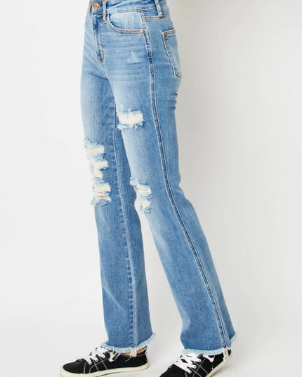 Judy Blue Full Size Distressed Raw Hem Bootcut Jeans - THE AMERICAN BLUE
