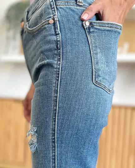 Judy Blue Full Size Distressed Raw Hem Bootcut Jeans - THE AMERICAN BLUE