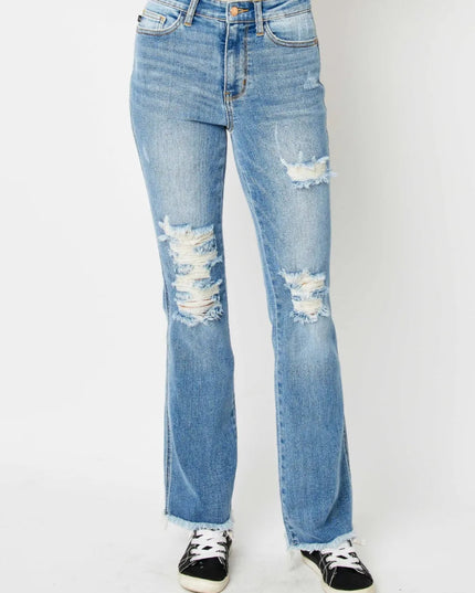 Judy Blue Full Size Distressed Raw Hem Bootcut Jeans - THE AMERICAN BLUE