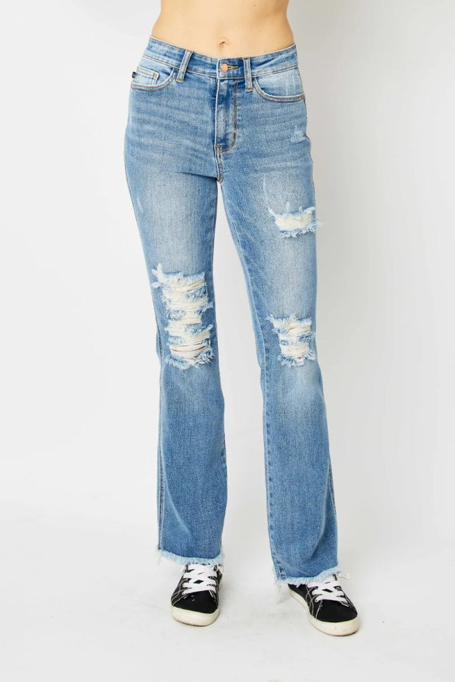 Judy Blue Full Size Distressed Raw Hem Bootcut Jeans - THE AMERICAN BLUE