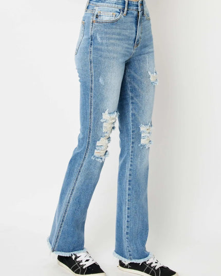 Judy Blue Full Size Distressed Raw Hem Bootcut Jeans - THE AMERICAN BLUE