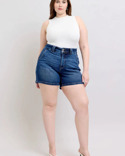 Judy Blue Full Size Double Button Waistband Denim Shorts Plus Size - THE AMERICAN BLUE