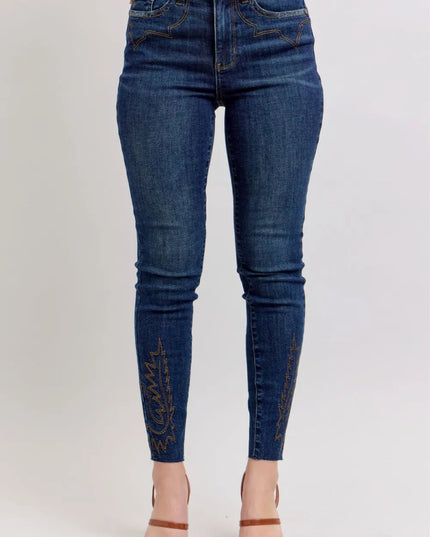 Judy Blue Full Size Embroidered High Rise Skinny Jeans Plus Size - THE AMERICAN BLUE
