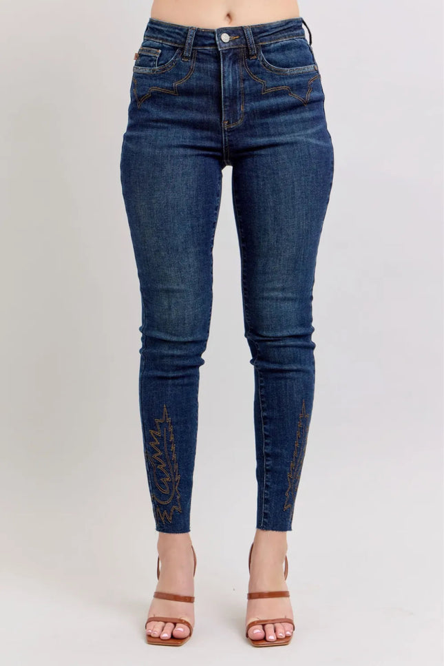 Judy Blue Full Size Embroidered High Rise Skinny Jeans Plus Size - THE AMERICAN BLUE