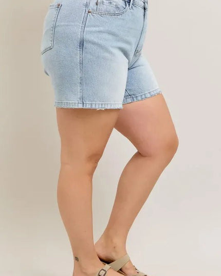 Judy Blue Full Size Frayed Hem High Rise Denim Shorts with Pockets Plus Size - THE AMERICAN BLUE