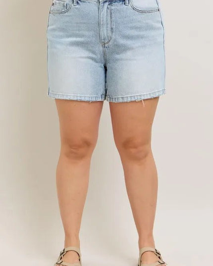 Judy Blue Full Size Frayed Hem High Rise Denim Shorts with Pockets Plus Size - THE AMERICAN BLUE