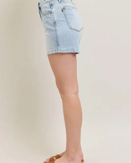Judy Blue Full Size Frayed Hem High Rise Denim Shorts with Pockets Plus Size - THE AMERICAN BLUE