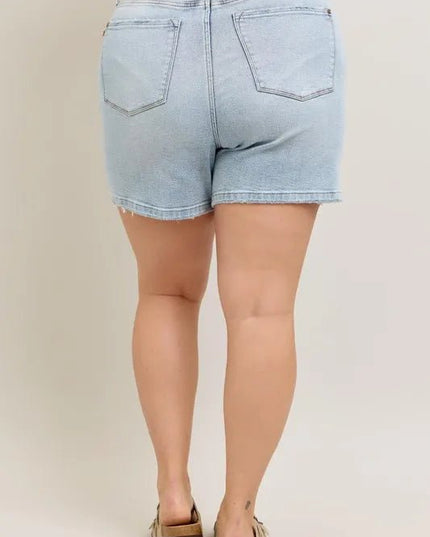 Judy Blue Full Size Frayed Hem High Rise Denim Shorts with Pockets Plus Size - THE AMERICAN BLUE
