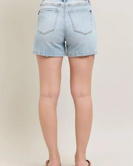 Judy Blue Full Size Frayed Hem High Rise Denim Shorts with Pockets Plus Size - THE AMERICAN BLUE