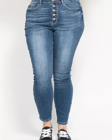 Judy Blue Full Size High Rise Button Fly Skinny Jeans Plus Size - THE AMERICAN BLUE