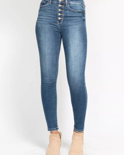 Judy Blue Full Size High Rise Button Fly Skinny Jeans Plus Size - THE AMERICAN BLUE