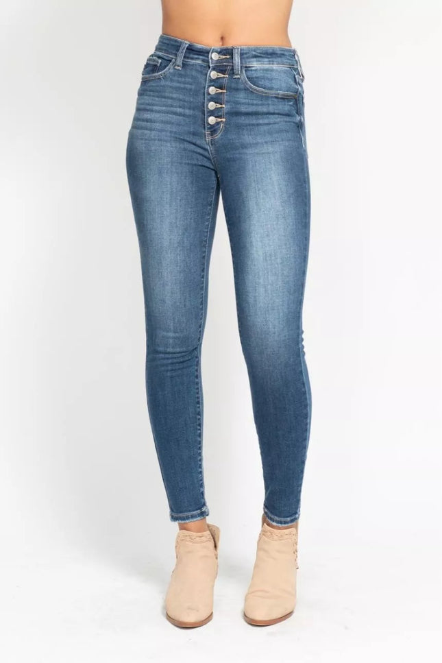 Judy Blue Full Size High Rise Button Fly Skinny Jeans Plus Size - THE AMERICAN BLUE