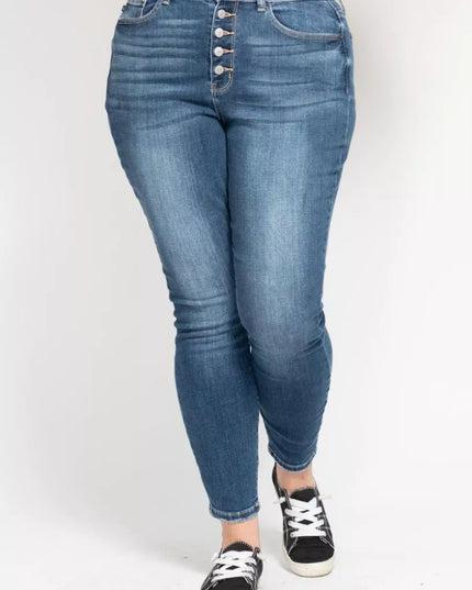 Judy Blue Full Size High Rise Button Fly Skinny Jeans Plus Size - THE AMERICAN BLUE
