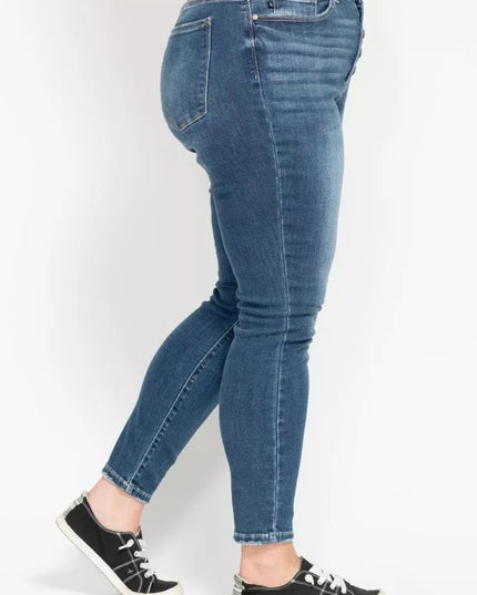 Judy Blue Full Size High Rise Button Fly Skinny Jeans Plus Size - THE AMERICAN BLUE