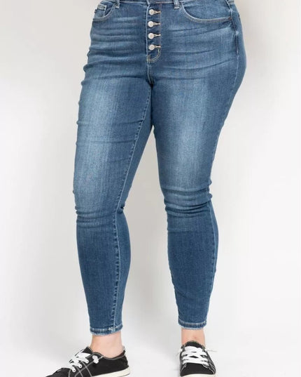 Judy Blue Full Size High Rise Button Fly Skinny Jeans Plus Size - THE AMERICAN BLUE