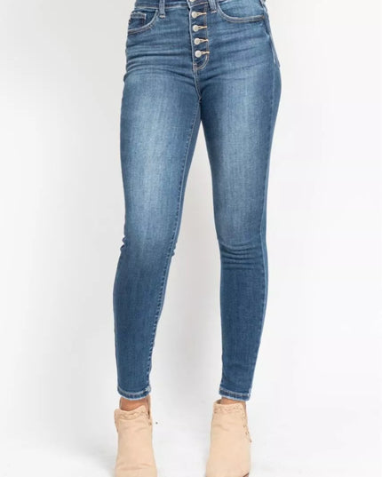 Judy Blue Full Size High Rise Button Fly Skinny Jeans Plus Size - THE AMERICAN BLUE