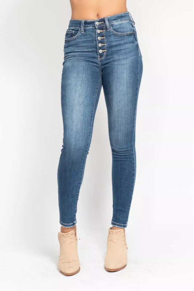 Judy Blue Full Size High Rise Button Fly Skinny Jeans Plus Size - THE AMERICAN BLUE