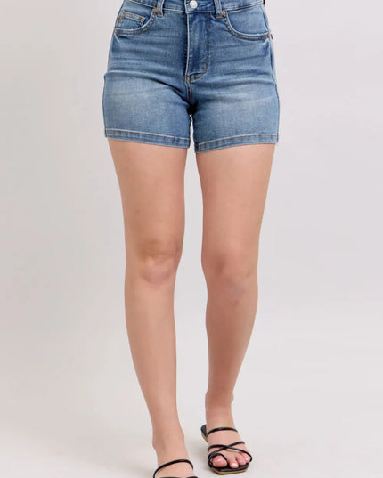 Judy Blue Full Size High Rise Tummy Control Denim Shorts Plus Size - THE AMERICAN BLUE