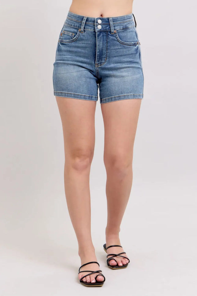 Judy Blue Full Size High Rise Tummy Control Denim Shorts Plus Size - THE AMERICAN BLUE