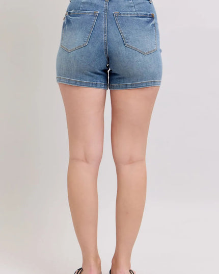 Judy Blue Full Size High Rise Tummy Control Denim Shorts Plus Size - THE AMERICAN BLUE