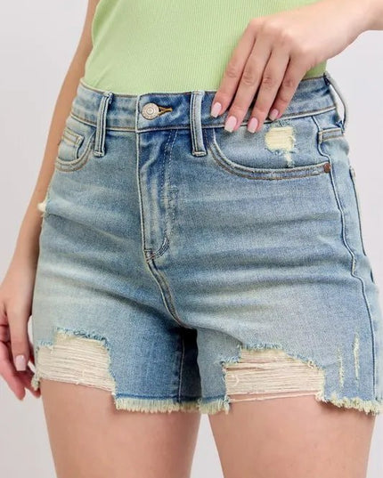 Judy Blue Full Size High Rise Washed Fly Stitch Detail and Destroy Denim Shorts Plus Size - THE AMERICAN BLUE