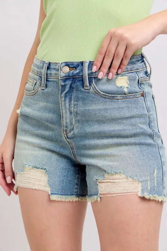 Judy Blue Full Size High Rise Washed Fly Stitch Detail and Destroy Denim Shorts Plus Size - THE AMERICAN BLUE