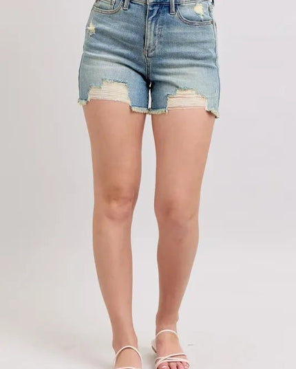 Judy Blue Full Size High Rise Washed Fly Stitch Detail and Destroy Denim Shorts Plus Size - THE AMERICAN BLUE