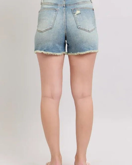 Judy Blue Full Size High Rise Washed Fly Stitch Detail and Destroy Denim Shorts Plus Size - THE AMERICAN BLUE