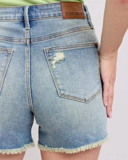 Judy Blue Full Size High Rise Washed Fly Stitch Detail and Destroy Denim Shorts Plus Size - THE AMERICAN BLUE