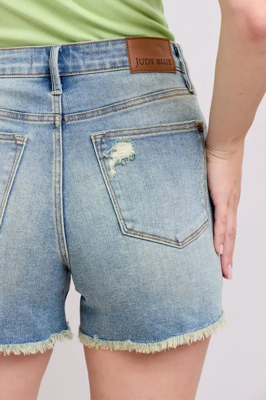 Judy Blue Full Size High Rise Washed Fly Stitch Detail and Destroy Denim Shorts Plus Size - THE AMERICAN BLUE