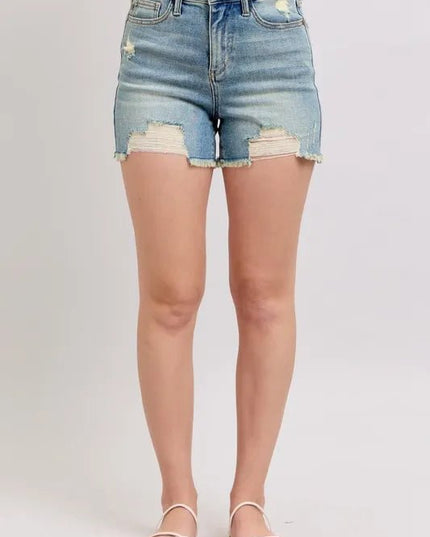 Judy Blue Full Size High Rise Washed Fly Stitch Detail and Destroy Denim Shorts Plus Size - THE AMERICAN BLUE