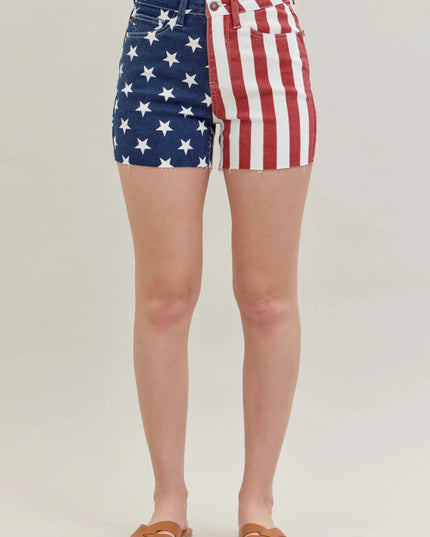 Judy Blue Full Size High Waist Americana Flag Fray Hem Shorts Plus Size - THE AMERICAN BLUE