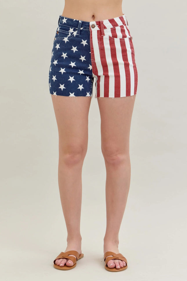 Judy Blue Full Size High Waist Americana Flag Fray Hem Shorts Plus Size - THE AMERICAN BLUE