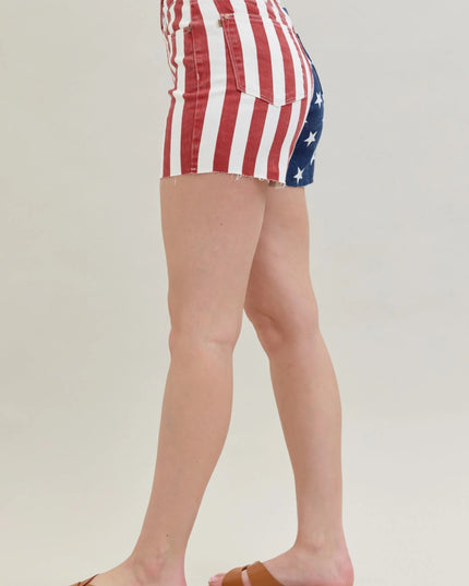 Judy Blue Full Size High Waist Americana Flag Fray Hem Shorts Plus Size - THE AMERICAN BLUE