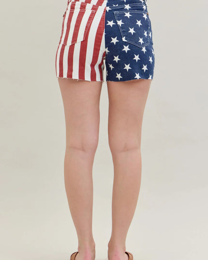 Judy Blue Full Size High Waist Americana Flag Fray Hem Shorts Plus Size - THE AMERICAN BLUE