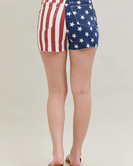 Judy Blue Full Size High Waist Americana Flag Fray Hem Shorts Plus Size - THE AMERICAN BLUE